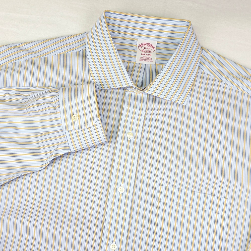 Brooks Brothers Dress Shirt‎ Men 17-33 Blue Yellow Madison Fit Striped Non-Iron